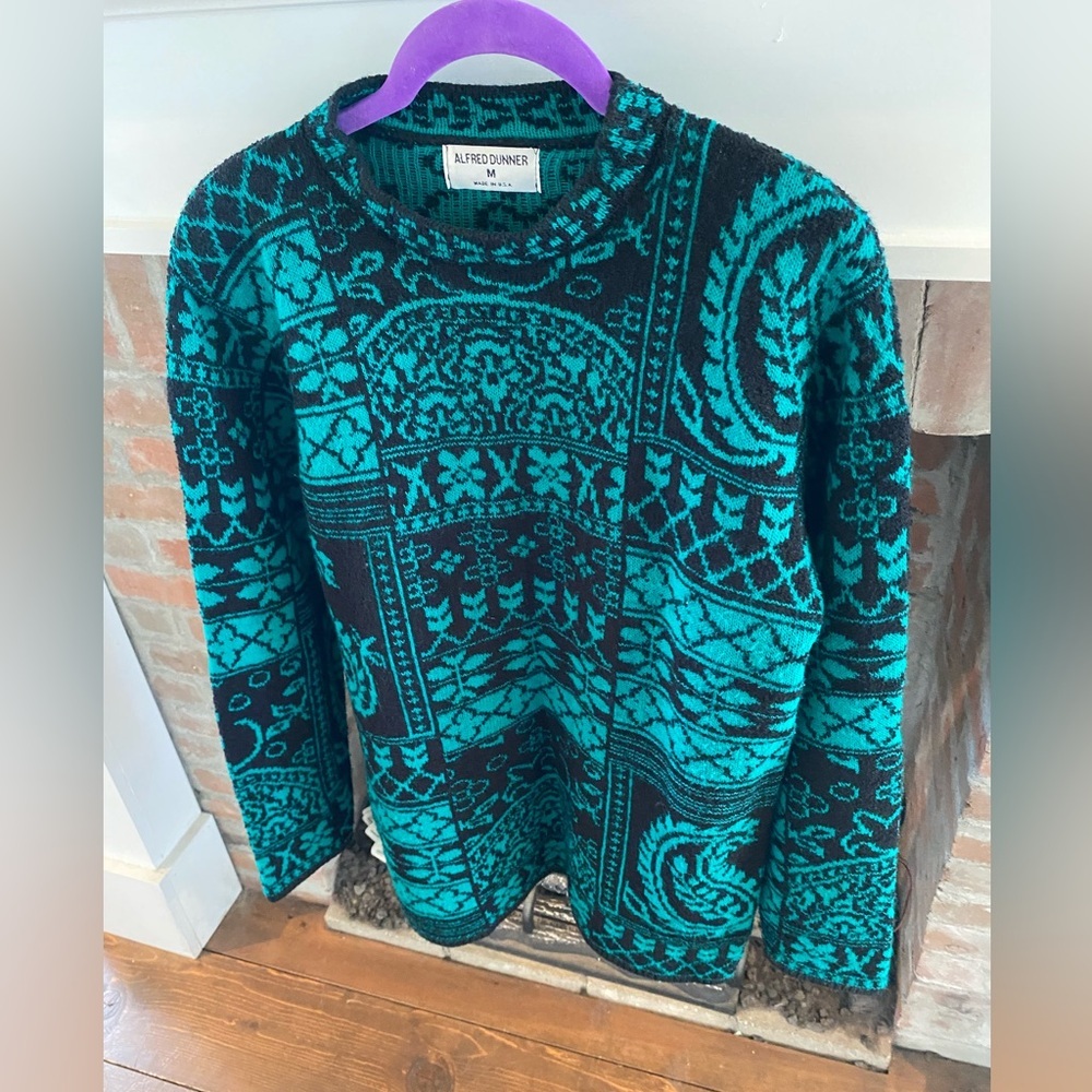 Vintage Made In USA Jade & Black Clover Geometric Crew Neck Sweater Medi…